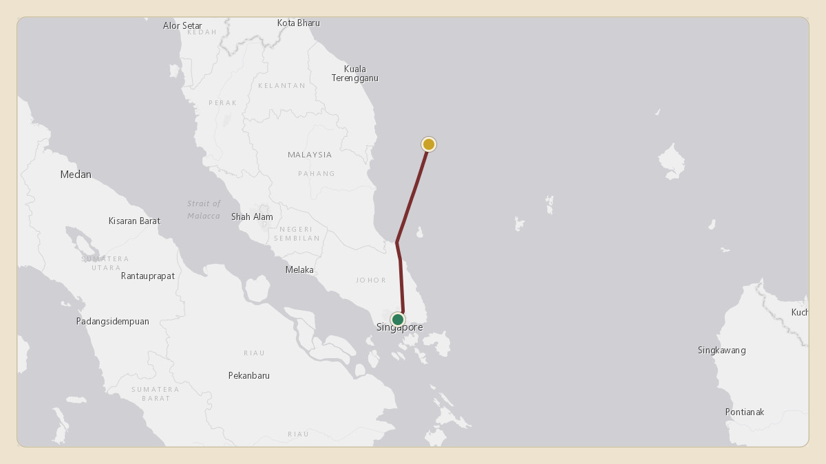 Flight path for Gang Ye's N588SE from WSSL — Seletar Airport to 4.19°, 104.33°