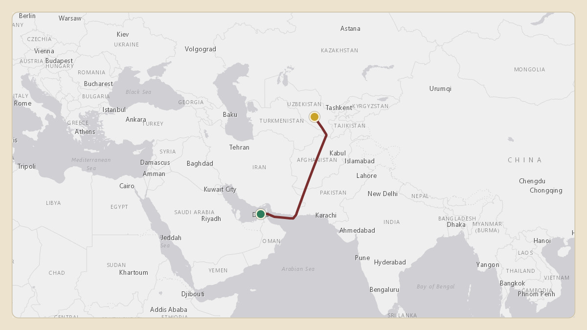 Flight path for Sheikh Mohammed bin Rashid Al Maktoum's A6-COM from OMDB — Dubai International Airport to UZSA — Navoi International Airport