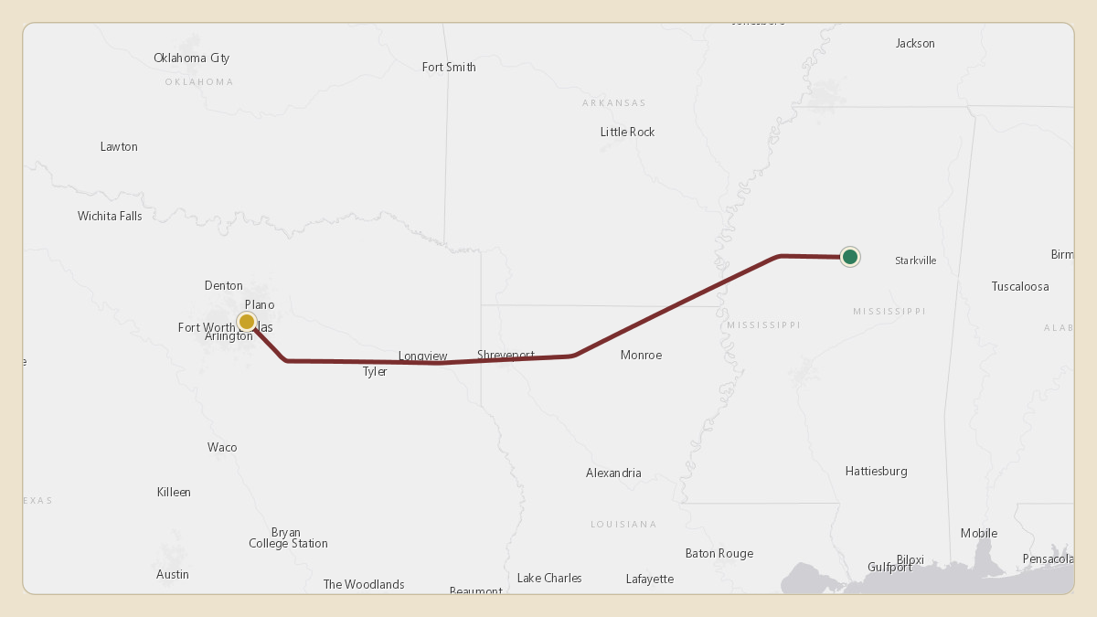 Flight path for Jeff Lebby's N204MS from KGTR — Golden Triangle Regional Airport to KDAL — Dallas Love Field