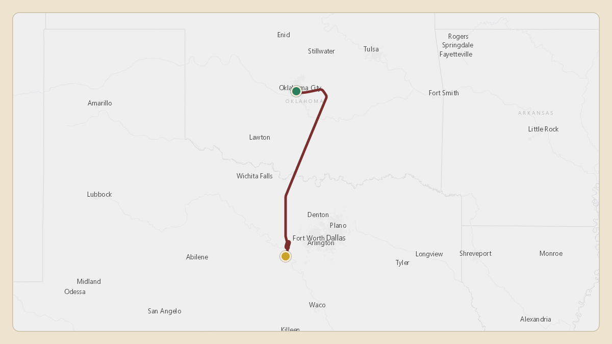 Flight path for Hobby Lobby's N2HL from KOKC — OKC Will Rogers World Airport to KGDJ — Granbury Regional Airport