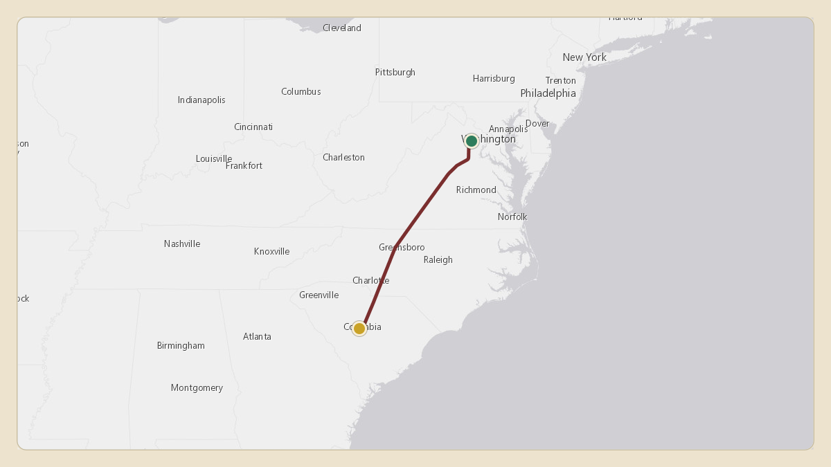 Flight path for Hobby Lobby's N272HL from KHEF — Washington Manassas Harry P. Davis Field to KCAE — Columbia Metropolitan Airport