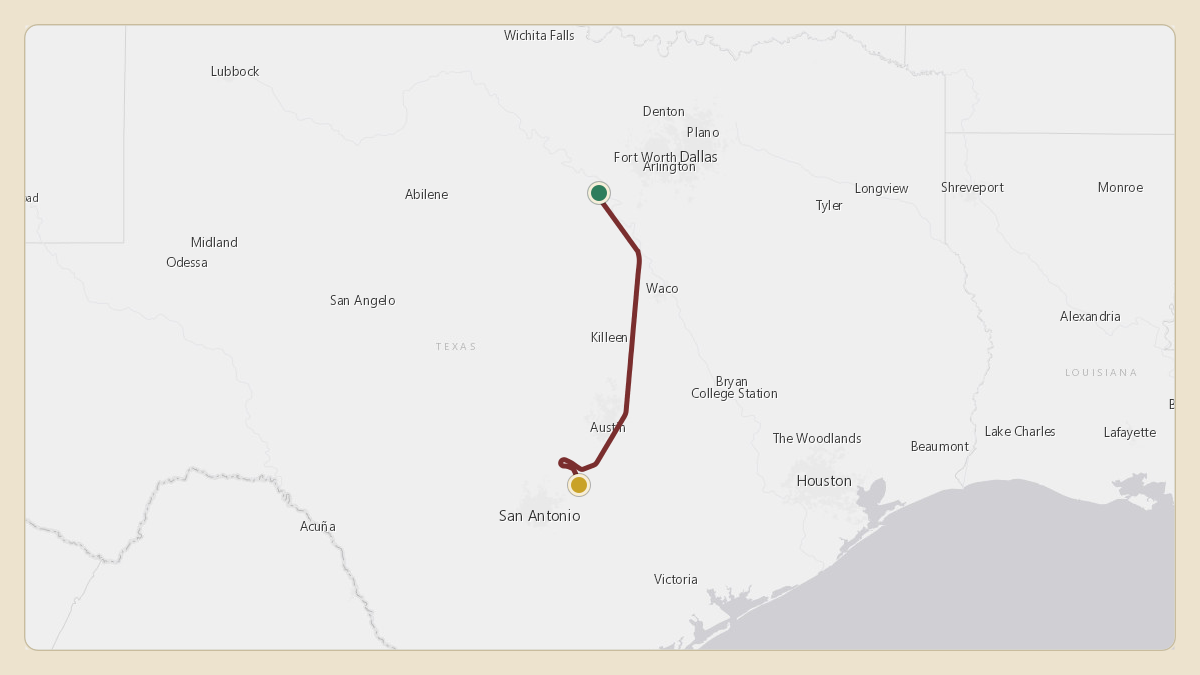 Flight path for Hobby Lobby's N2HL from KGDJ — Granbury Regional Airport to KBAZ — New Braunfels National Airport