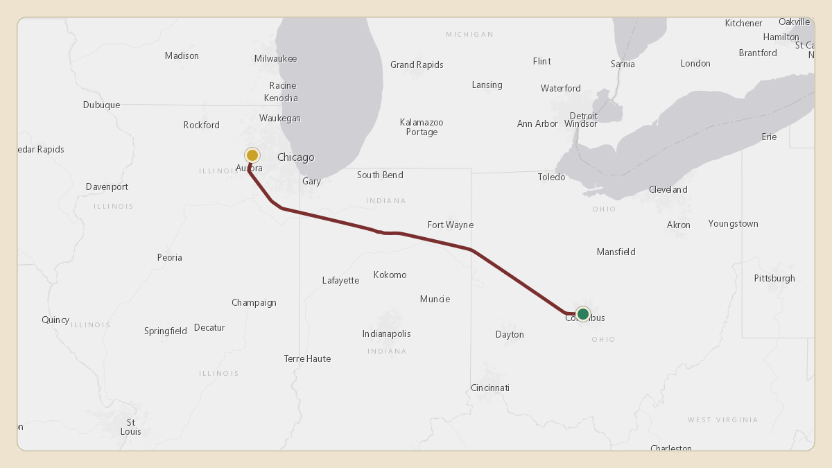 Flight path for Menard Inc.'s N538M from KCMH — John Glenn Columbus International Airport to KDPA — Dupage Airport