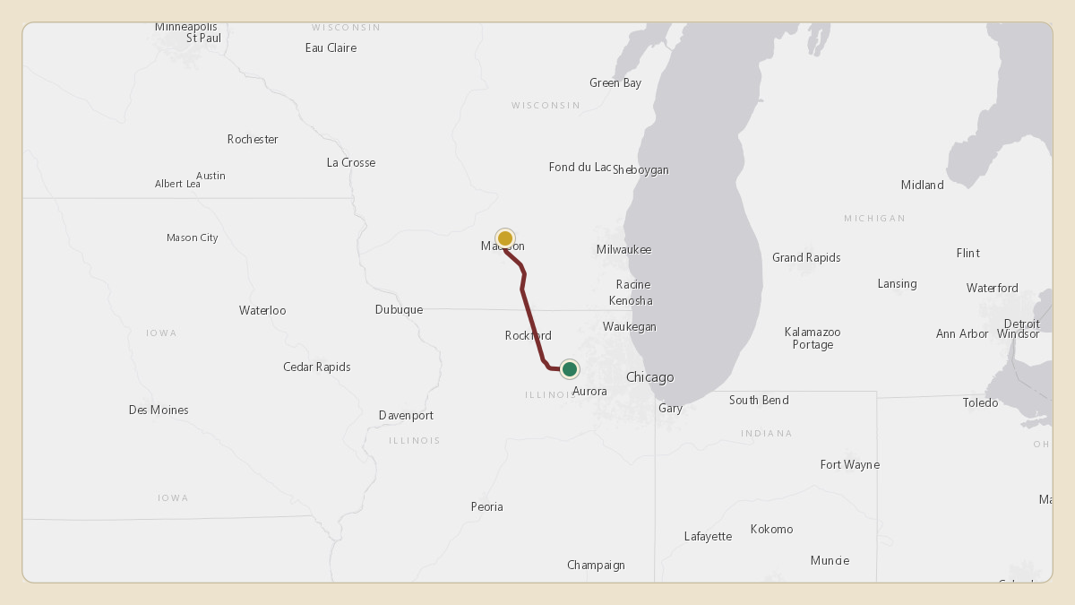 Flight path for Menard Inc.'s N538M from KDPA — Dupage Airport to KMSN — Dane County Regional Truax Field