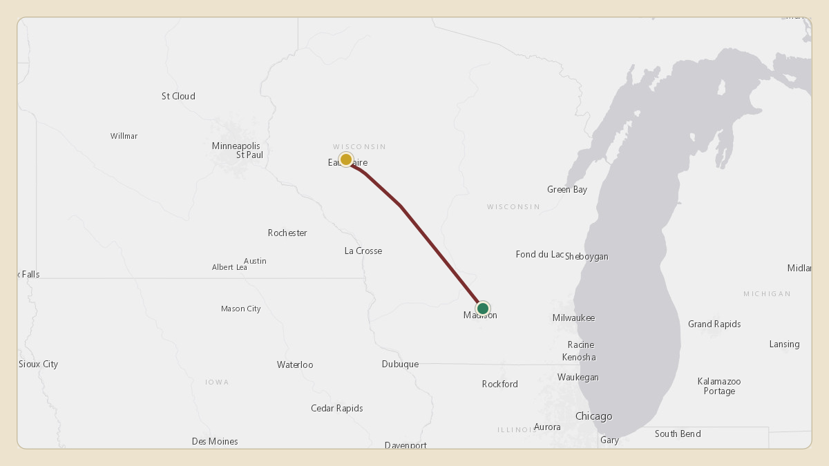 Flight path for Menard Inc.'s N538M from KMSN — Dane County Regional Truax Field to KEAU — Chippewa Valley Regional Airport
