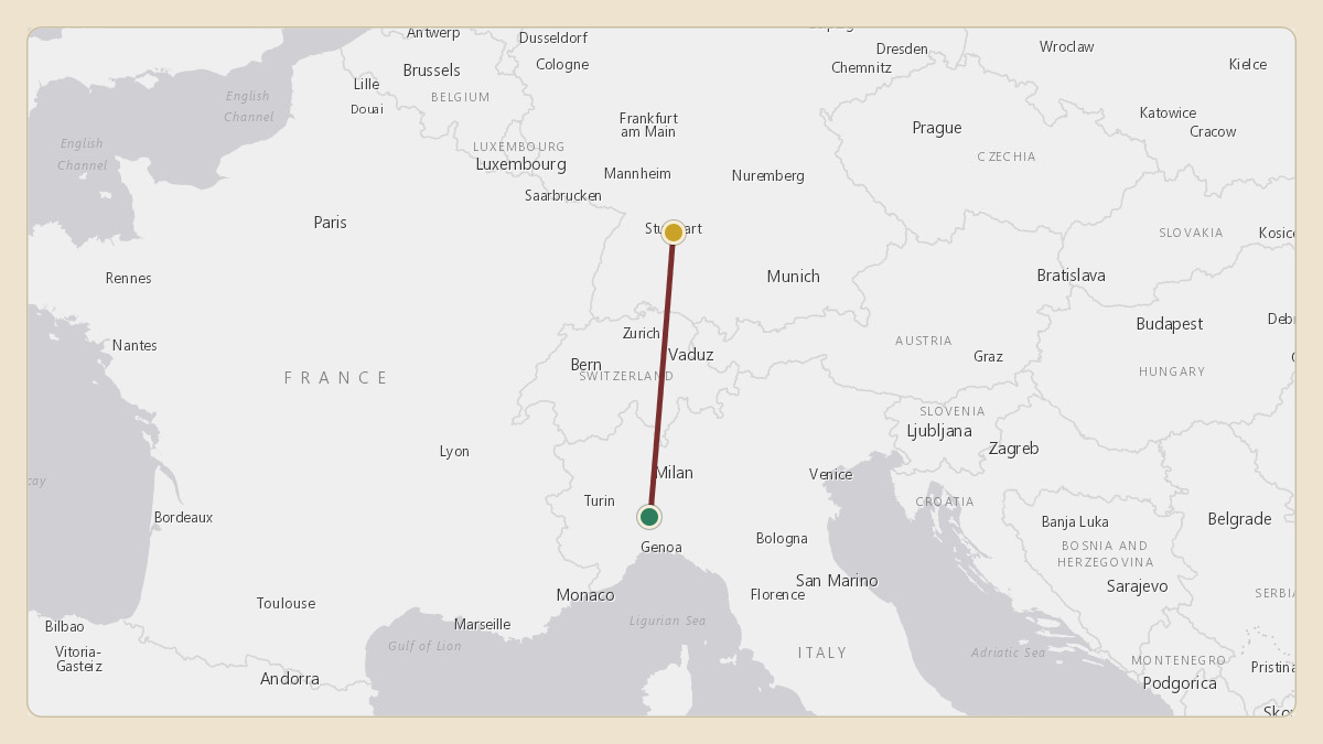 Flight path for Toto Wolff's OE-LIT from LIMJ — Genoa Cristoforo Colombo Airport to EDDS — Stuttgart Airport
