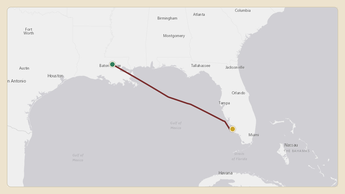 Flight path for American Express's N652GB from KBTR — Baton Rouge Metropolitan Airport to KAPF — Naples Municipal Airport