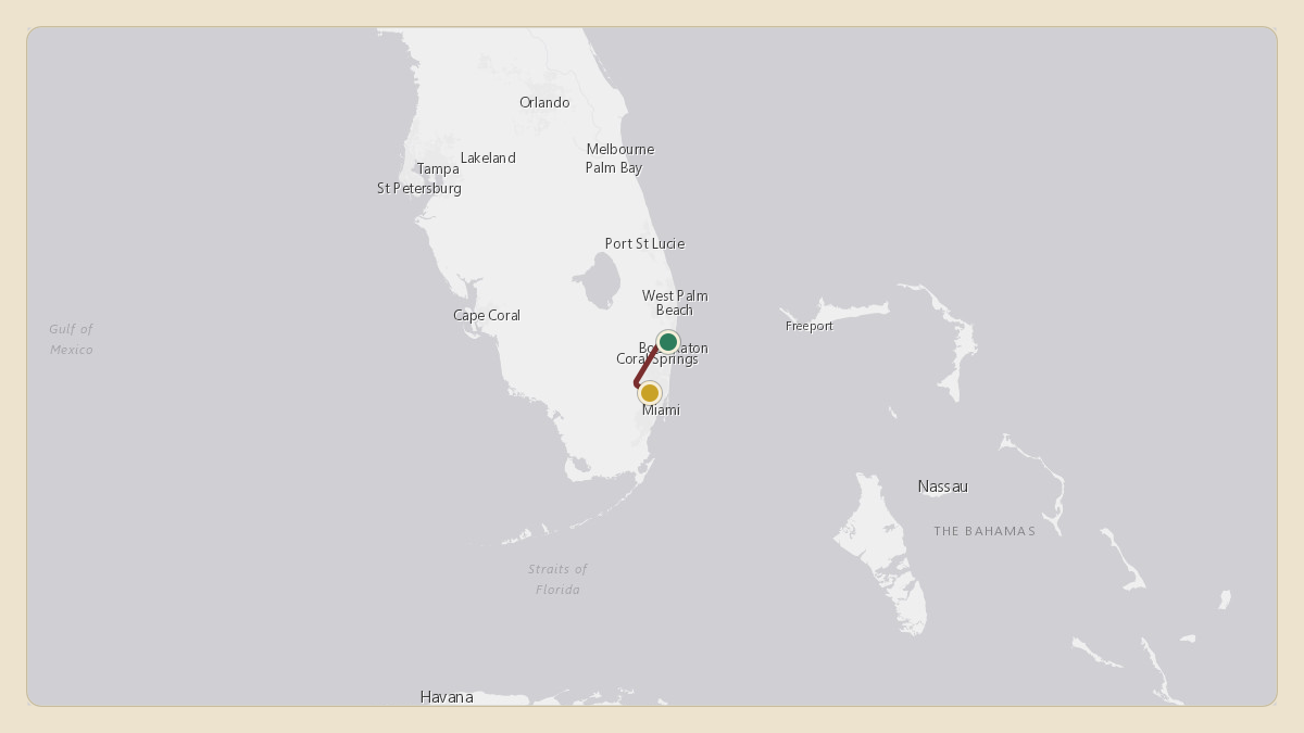 Flight path for Marc Anthony's N513MA from KBCT — Boca Raton Airport to KOPF — Miami-Opa Locka Executive Airport
