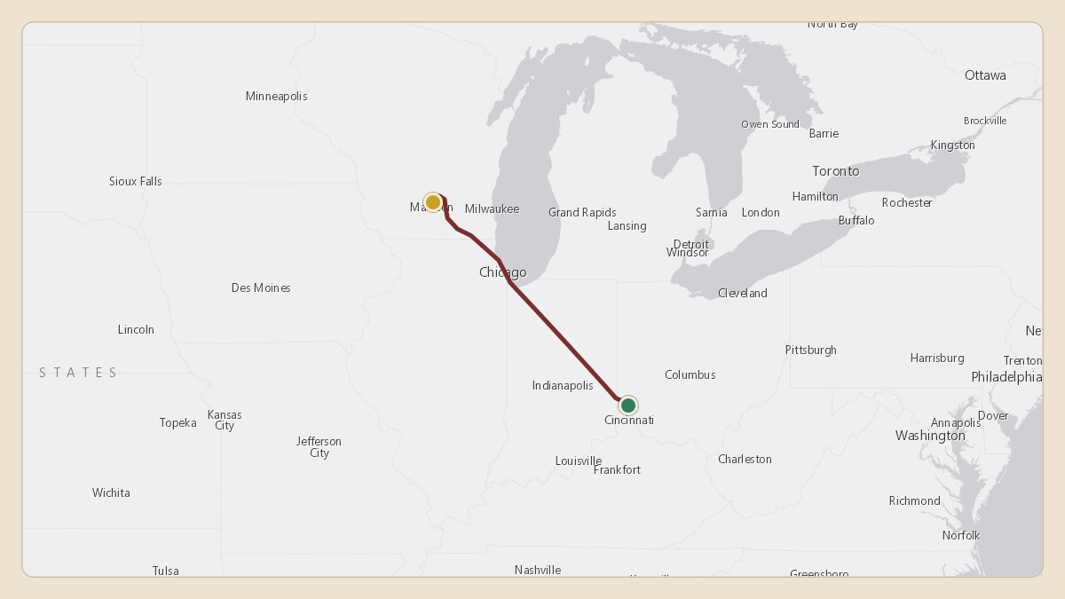 Flight path for Lawrence Menard's N1808C from KHAO — Butler Co Regional Airport - Hogan Field to KMSN — Dane County Regional Truax Field