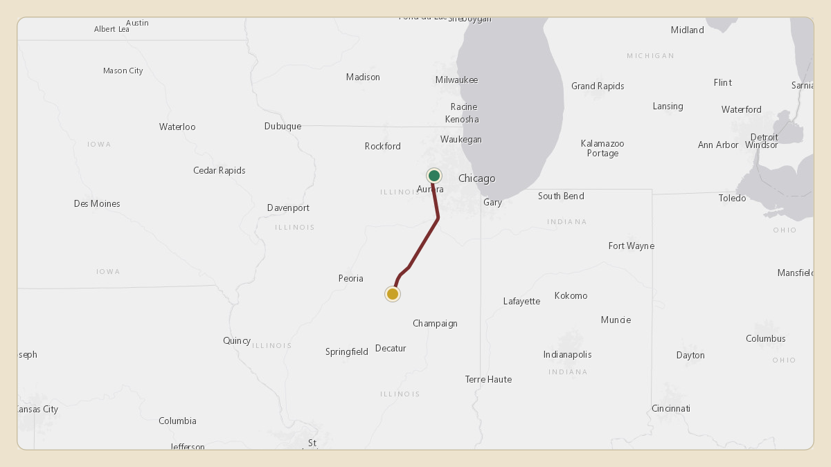 Flight path for Menard Inc.'s N538M from KDPA — Dupage Airport to KBMI — Central Illinois Regional Airport at Bloomington-Normal