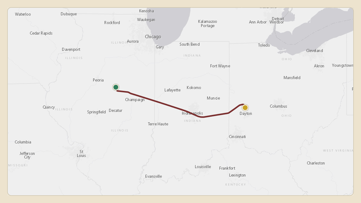 Flight path for Menard Inc.'s N538M from KBMI — Central Illinois Regional Airport at Bloomington-Normal to KDAY — James M. Cox Dayton International Airport