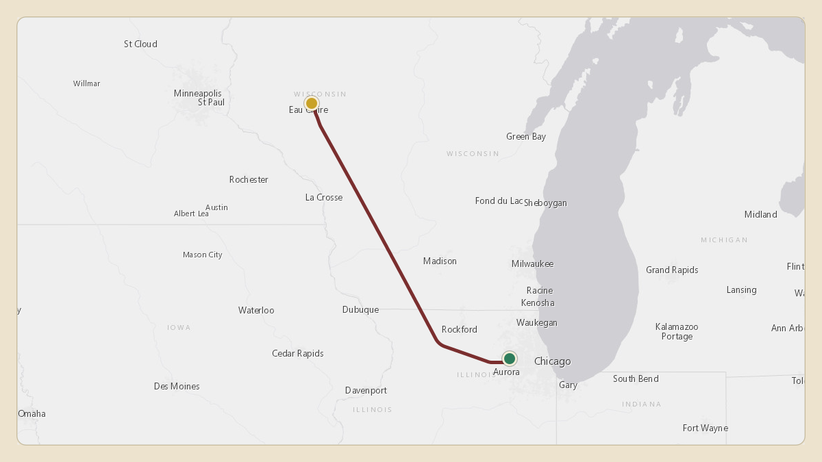 Flight path for Menard Inc.'s N538M from KDPA — Dupage Airport to KEAU — Chippewa Valley Regional Airport