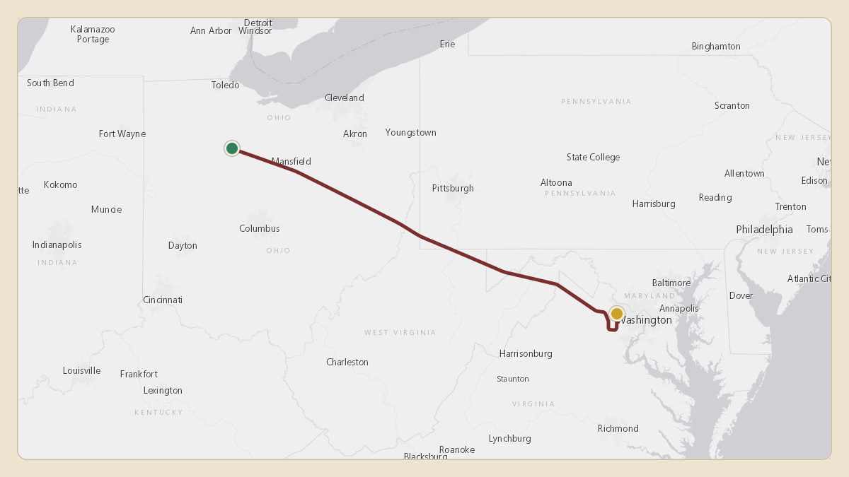 Flight path for Marathon Petroleum's N459MP from KFDY — Findlay Airport to KIAD — Washington Dulles International Airport