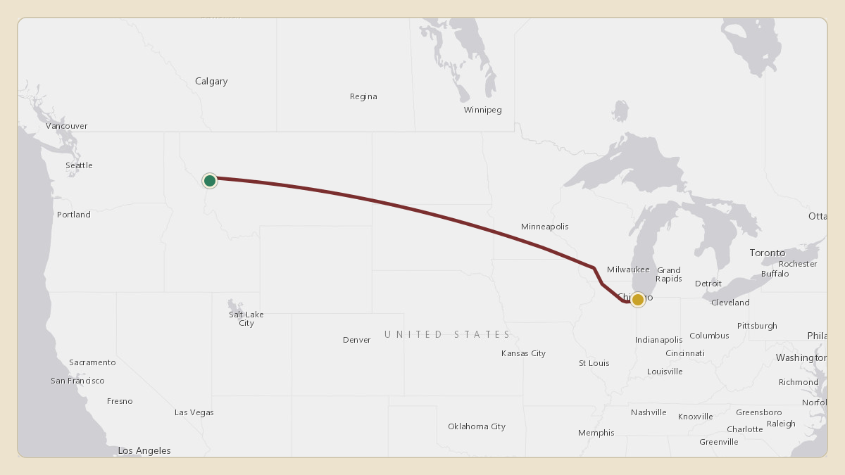 Flight path for Washington Companies's N176WC from KMSO — Missoula Montana Airport to KGYY — Gary/Chicago International Airport