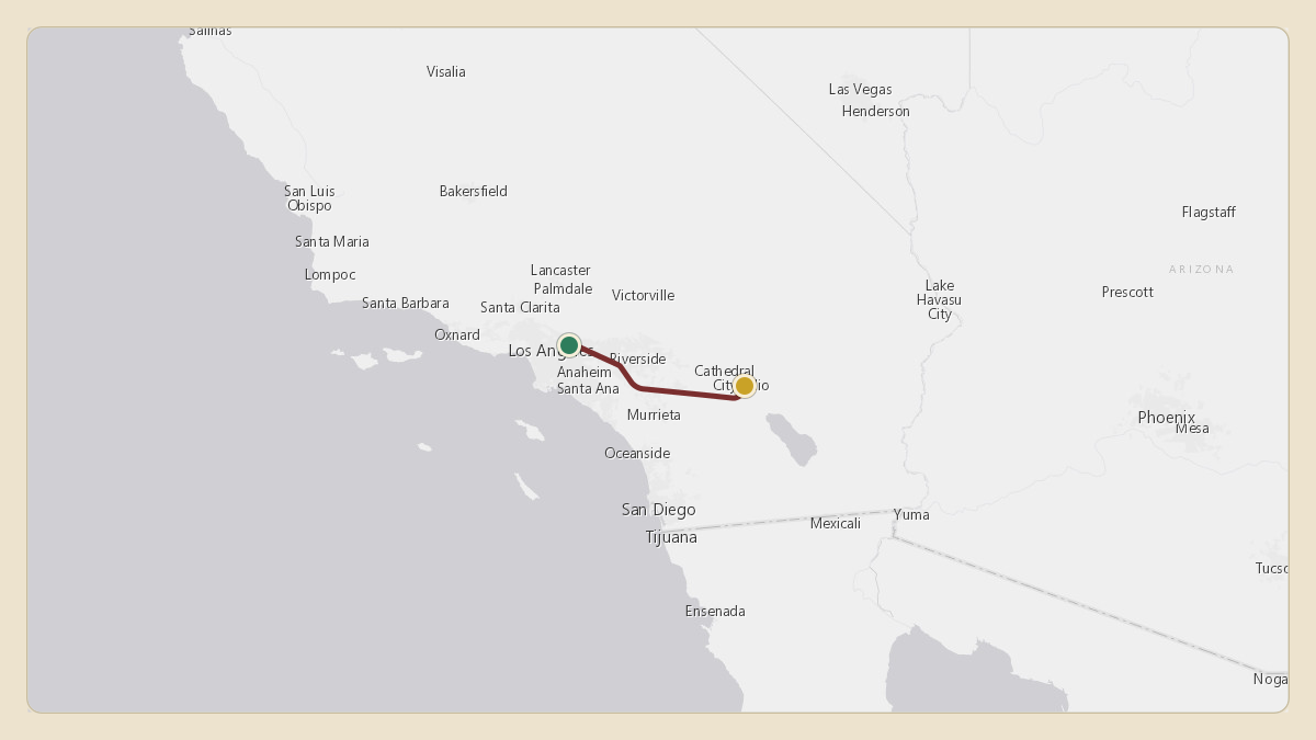Flight path for Panda Express's N168PX from KPOC — Brackett Field to KUDD — Bermuda Dunes Airport